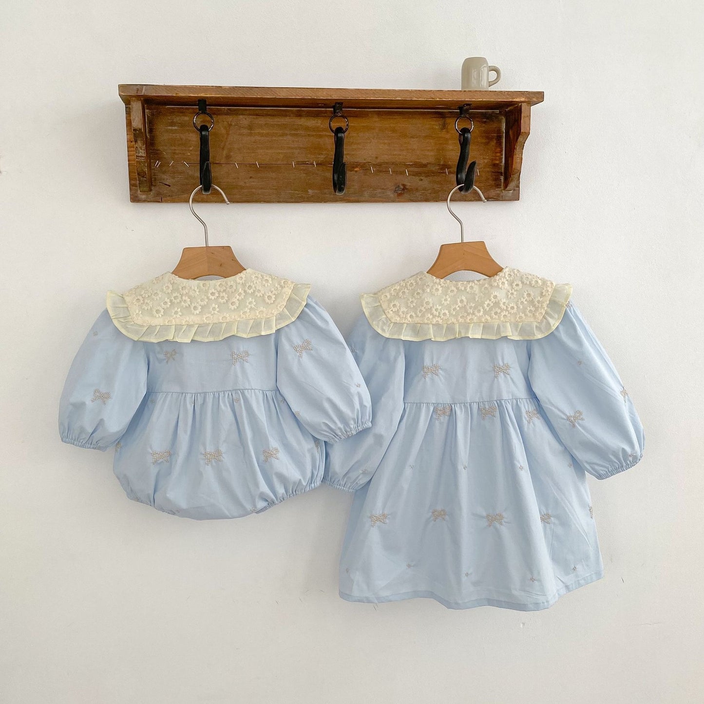 TWINNING JANE LONG SLEEVED ROMPER OR DRESS IN POWDER BLUE