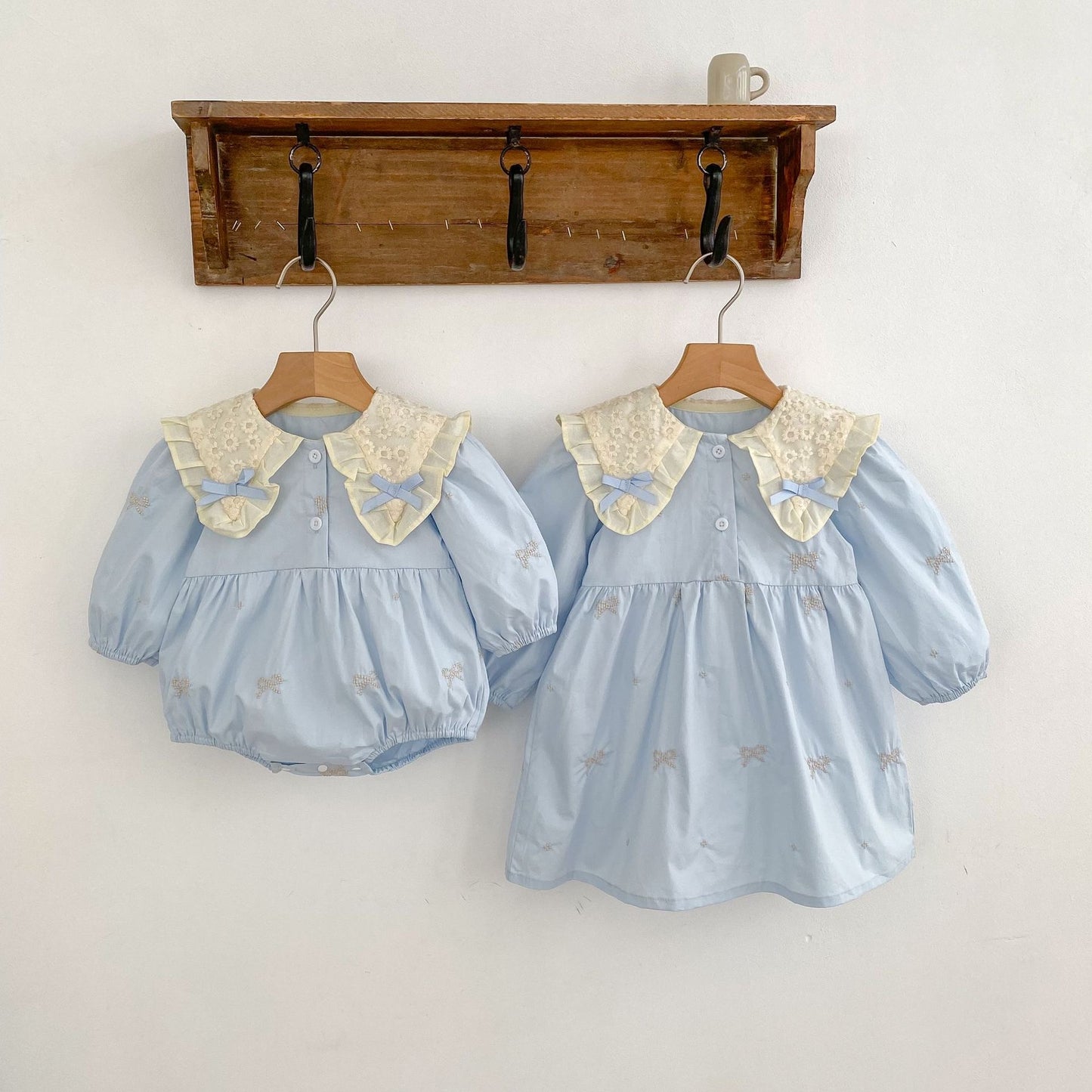 TWINNING JANE LONG SLEEVED ROMPER OR DRESS IN POWDER BLUE