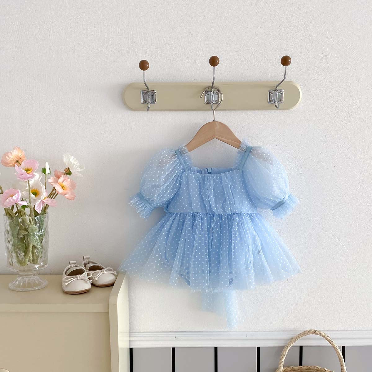 On Hand Florence Polka Puffy Romper in Blue