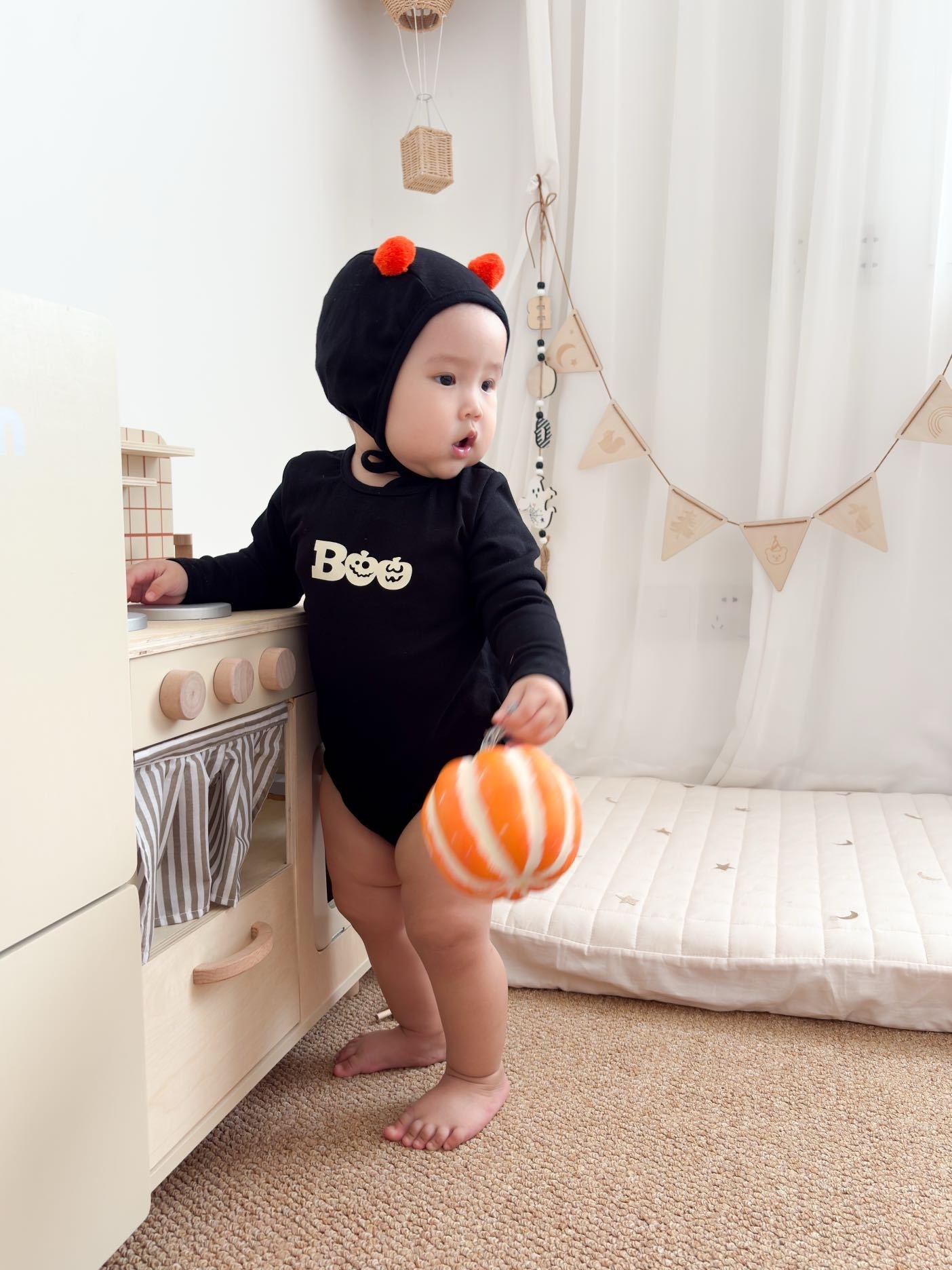 COSTUMES Halloween Boo Pompom Hat and Romper