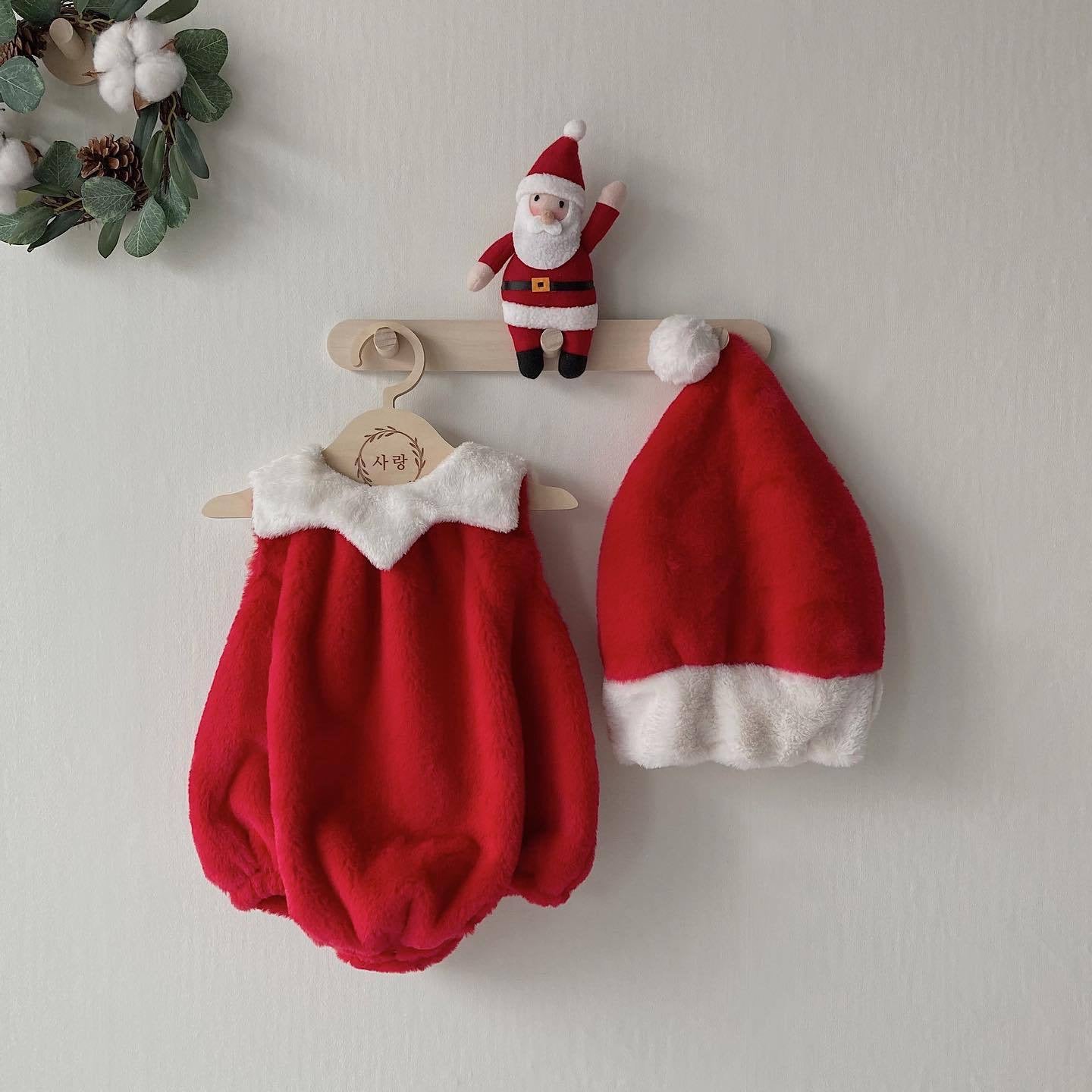 CHRISTMAS OOTD FOR PREORDER Santa Fuzzy Fleece Romper & Hat