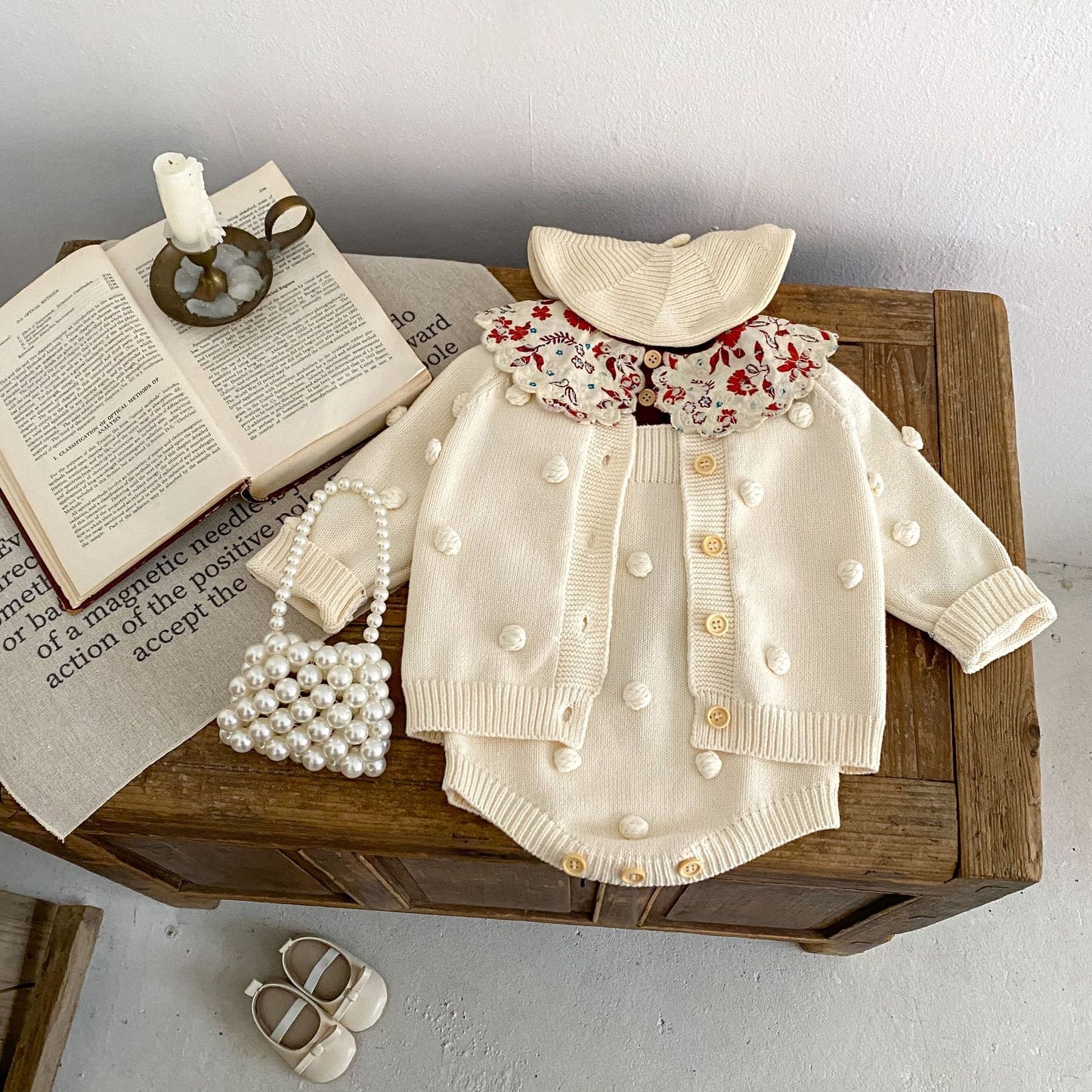 CHRISTMAS OOTD FOR PREORDER Clarence Popcorn Knit Romper & Cardigan