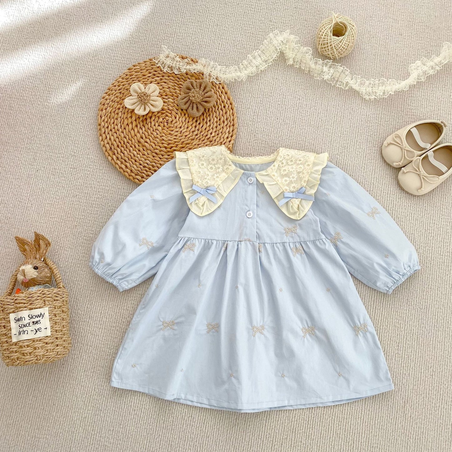 TWINNING JANE LONG SLEEVED ROMPER OR DRESS IN POWDER BLUE