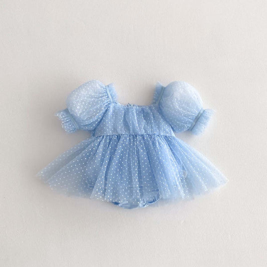 On Hand Florence Polka Puffy Romper in Blue