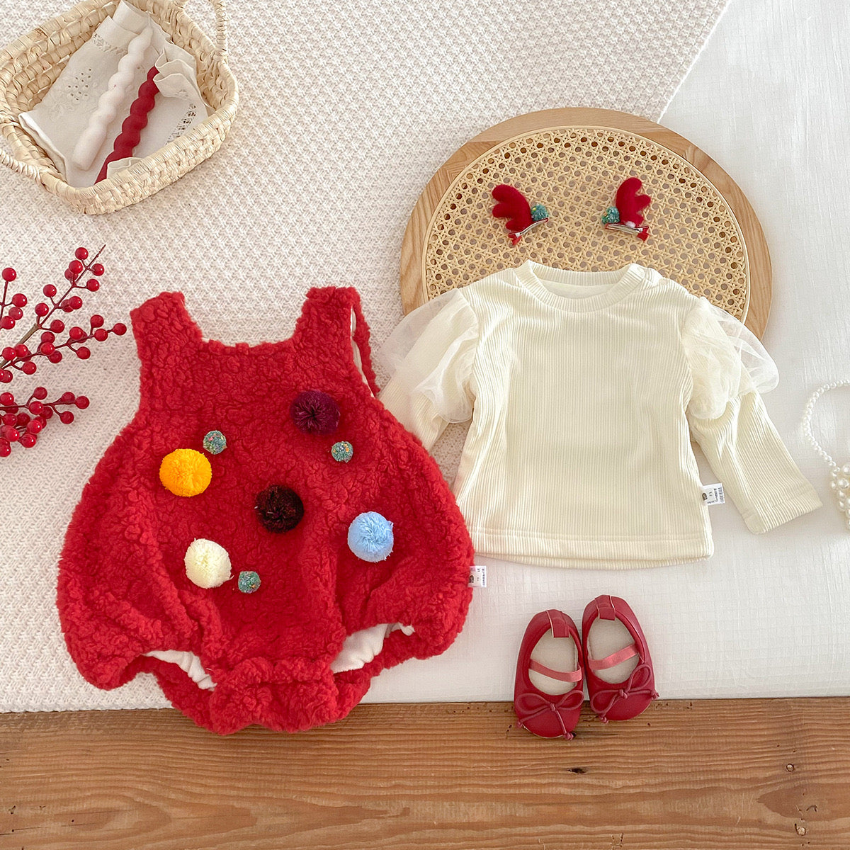 CHRISTMAS OOTD FOR PREORDER Thelma Fleece Romper & Inner Long Tee