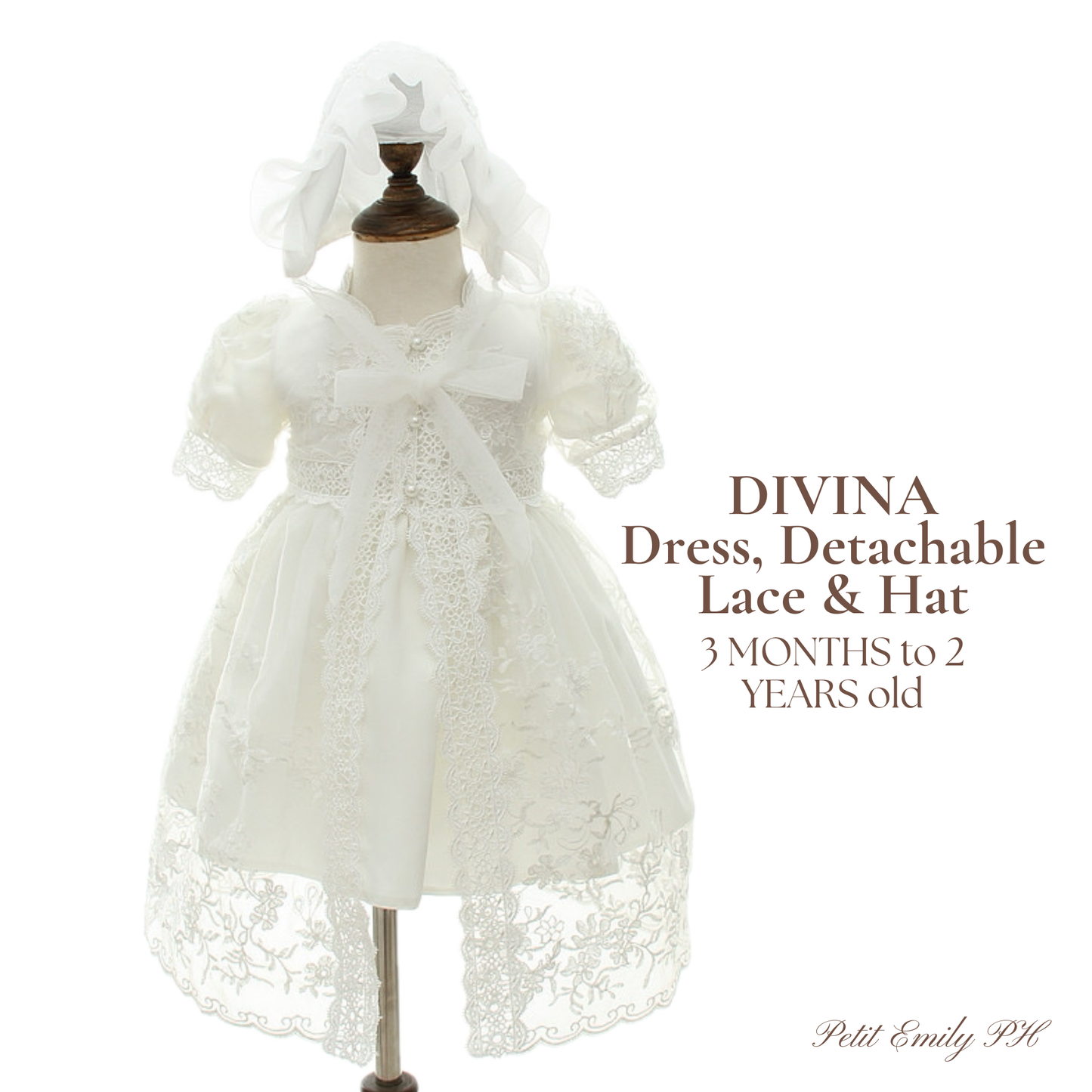 Christening for Preorder Divina Dress, Detachable Lace Gown & Hat