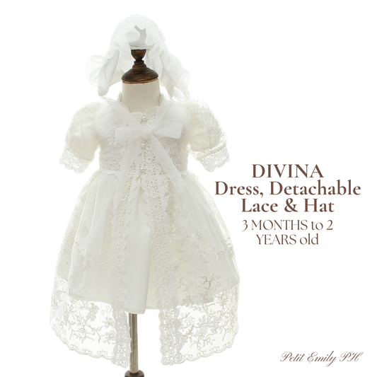 Christening for Preorder Divina Dress, Detachable Lace Gown & Hat