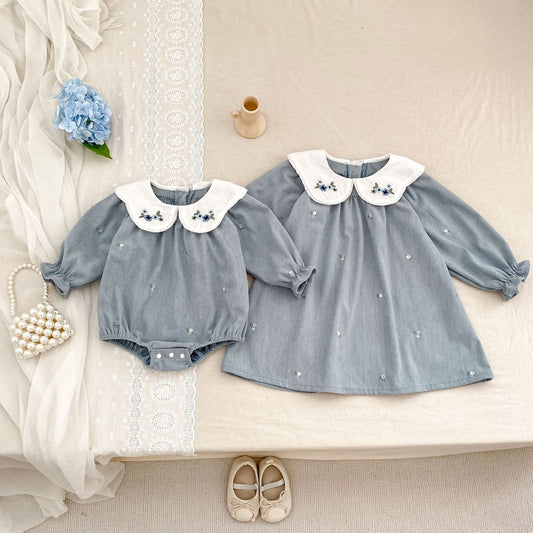 PREORDER TWINNING Corey Corduroy Romper and Dress Blue Grey