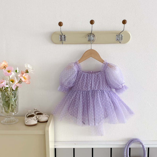 On Hand Florence Polka Puffy Romper in Purple