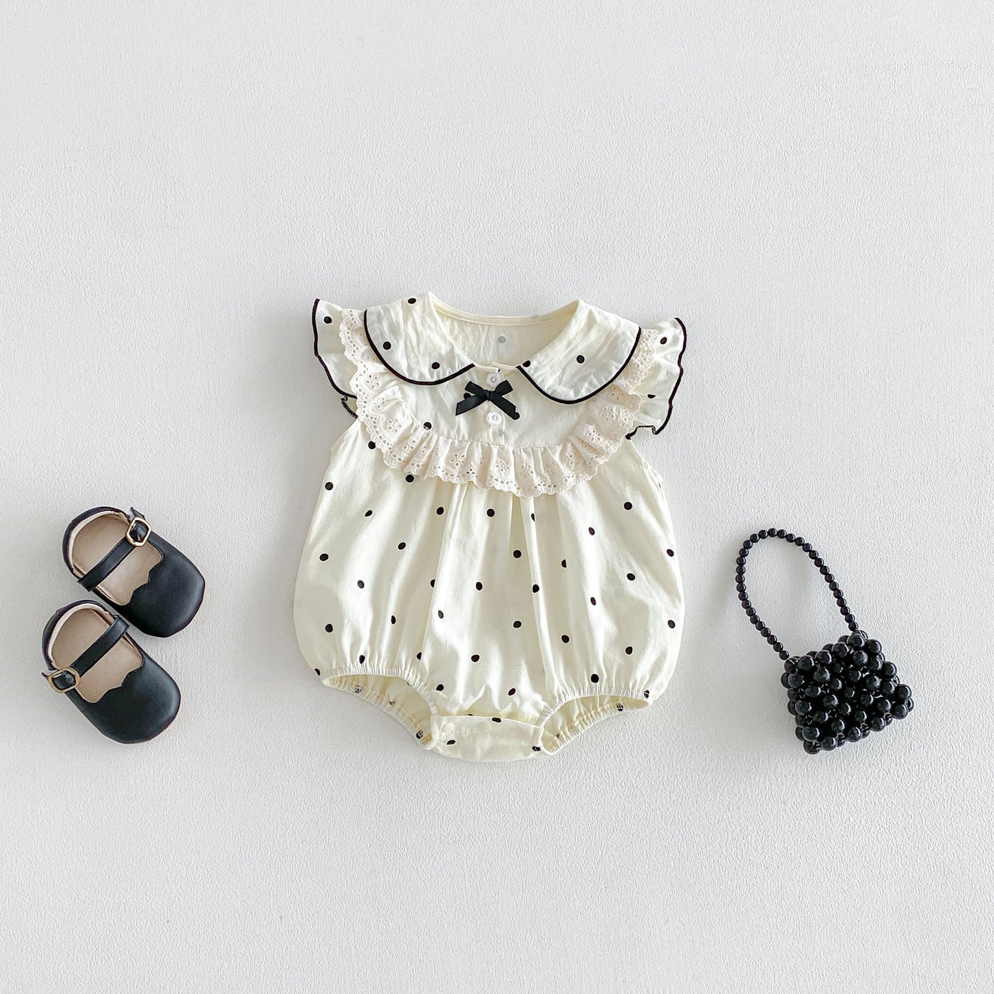 On Hand Jeanie Polkadot Romper in 0-6 months