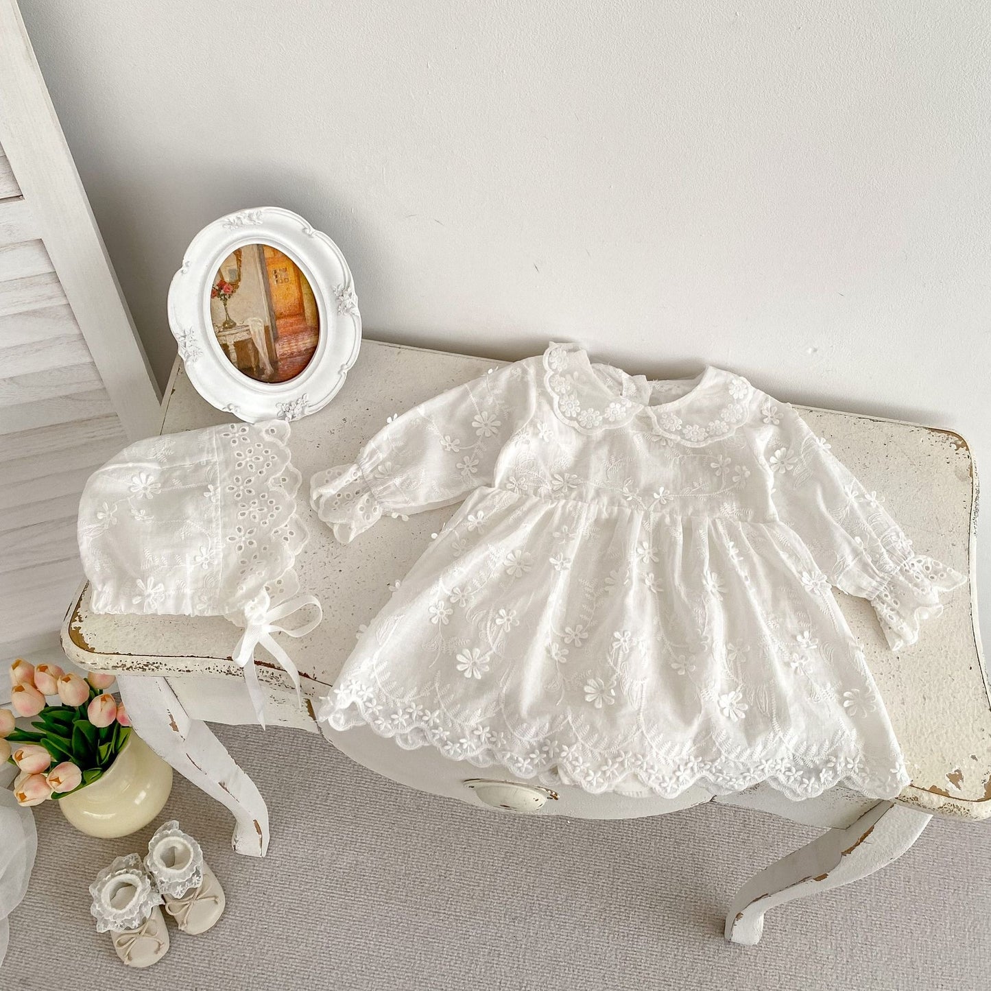 CHRISTENING Victoria Long Sleeved Romper & Hat
