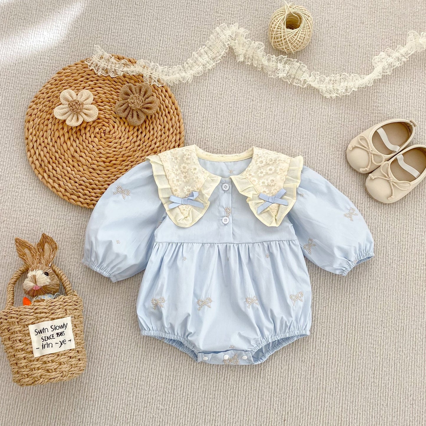 TWINNING JANE LONG SLEEVED ROMPER OR DRESS IN POWDER BLUE