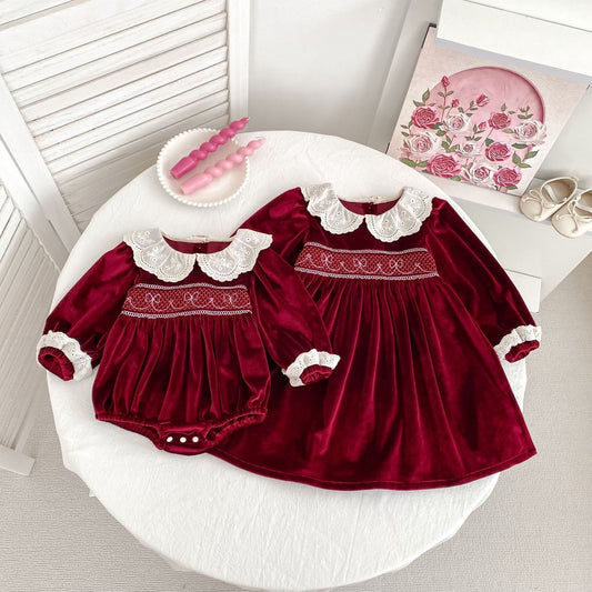 CHRISTMAS OOTD FOR PREORDER Carol Matching Velveteen Romper & Dress