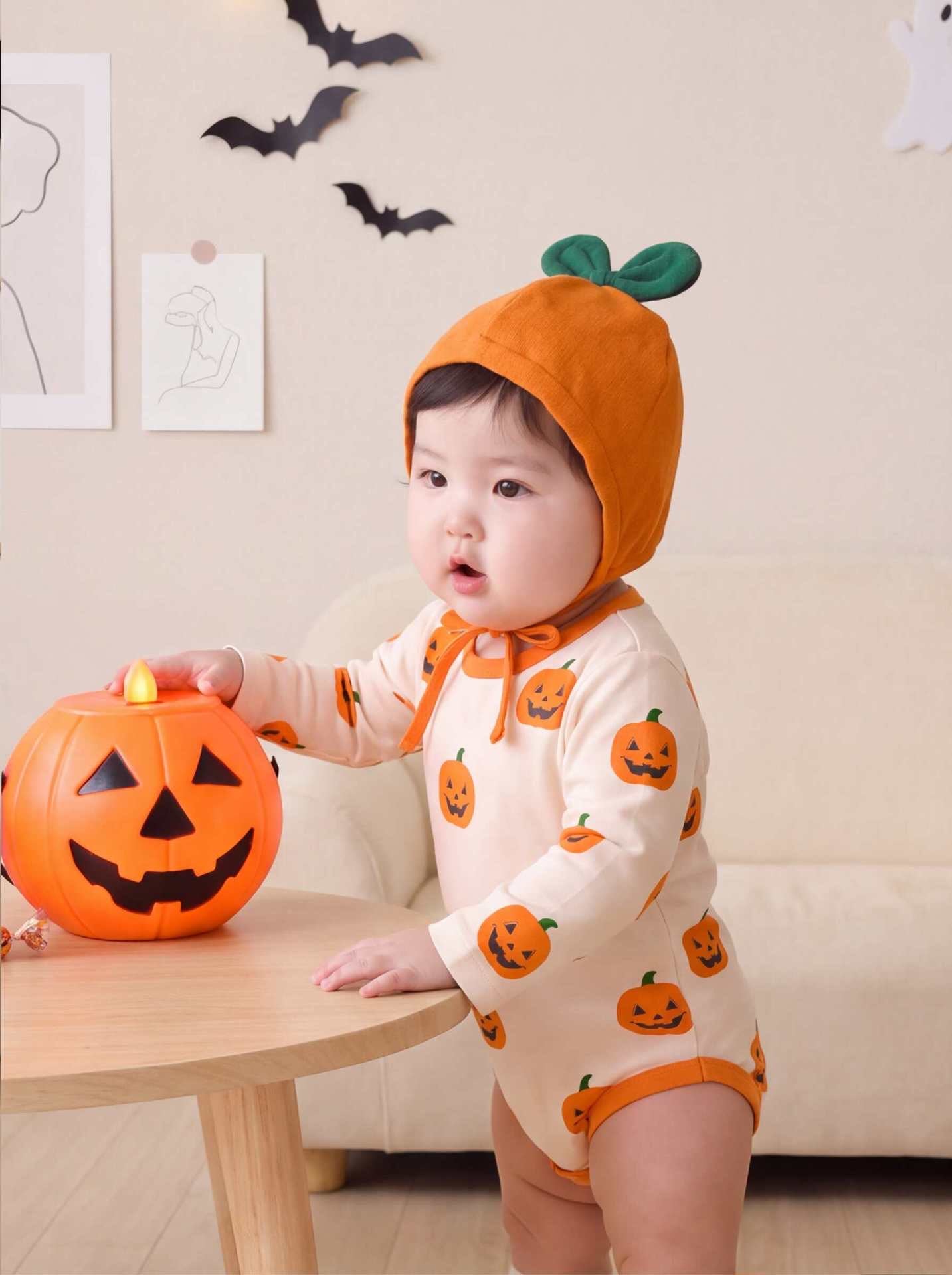 Preorder Halloween Pumpkin Long Sleeved Romper & Hat