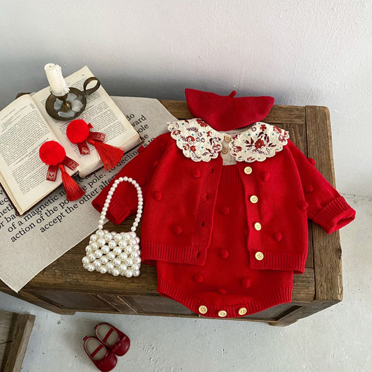 CHRISTMAS OOTD FOR PREORDER Clarence Popcorn Knit Romper & Cardigan
