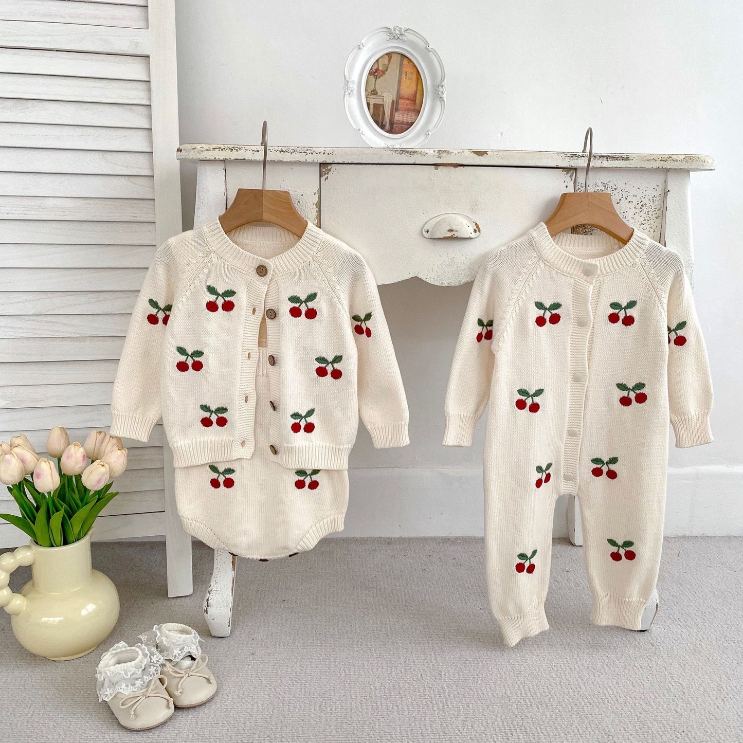 PREORDER Cherry Knit Cardigan & Romper or Bodysuit