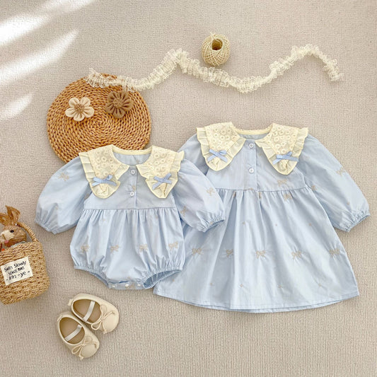 TWINNING JANE LONG SLEEVED ROMPER OR DRESS IN POWDER BLUE