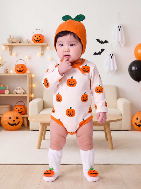 Preorder Halloween Pumpkin Long Sleeved Romper & Hat