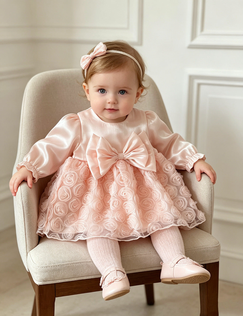 Preorder Infant Girls Chantelle Party Romper in Peach Long Sleeves