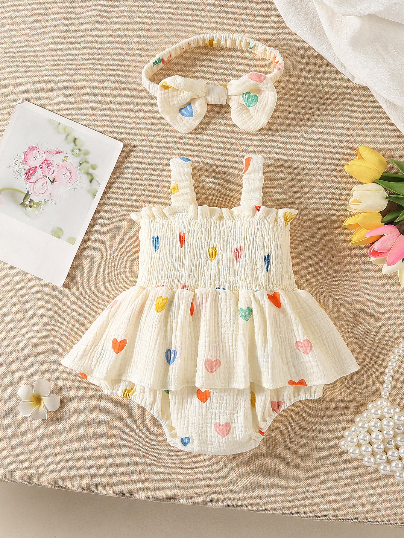 August Sale Muriel Romper & Headband in Rainbow Hearts