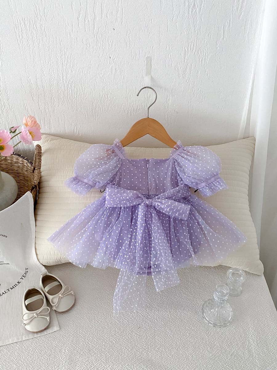 On Hand Florence Polka Puffy Romper in Purple