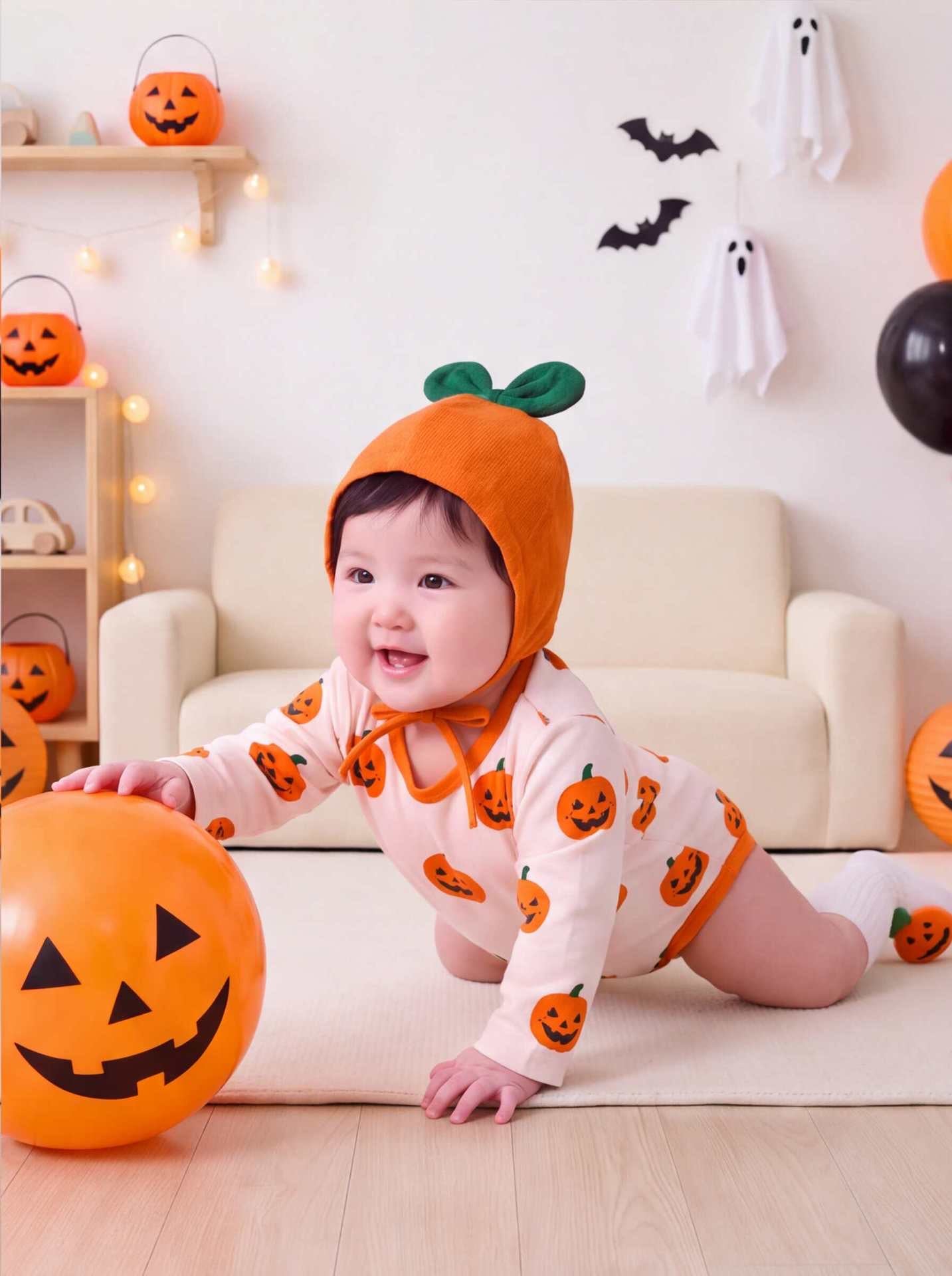 Preorder Halloween Pumpkin Long Sleeved Romper & Hat
