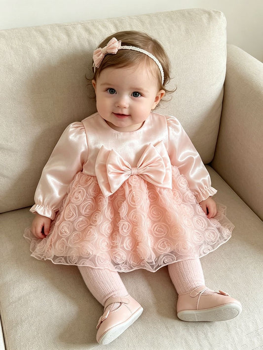Preorder Infant Girls Chantelle Party Romper in Peach Long Sleeves