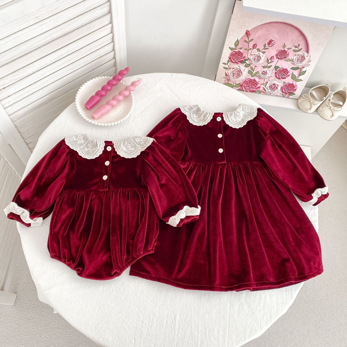 CHRISTMAS OOTD FOR PREORDER Carol Matching Velveteen Romper & Dress